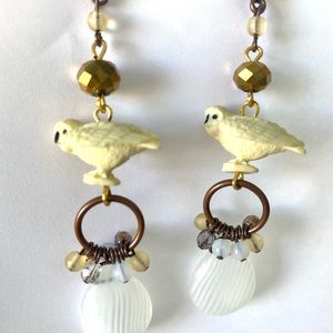 Snow owl bird winter ivory glass drop earrings bead mini wilderness white